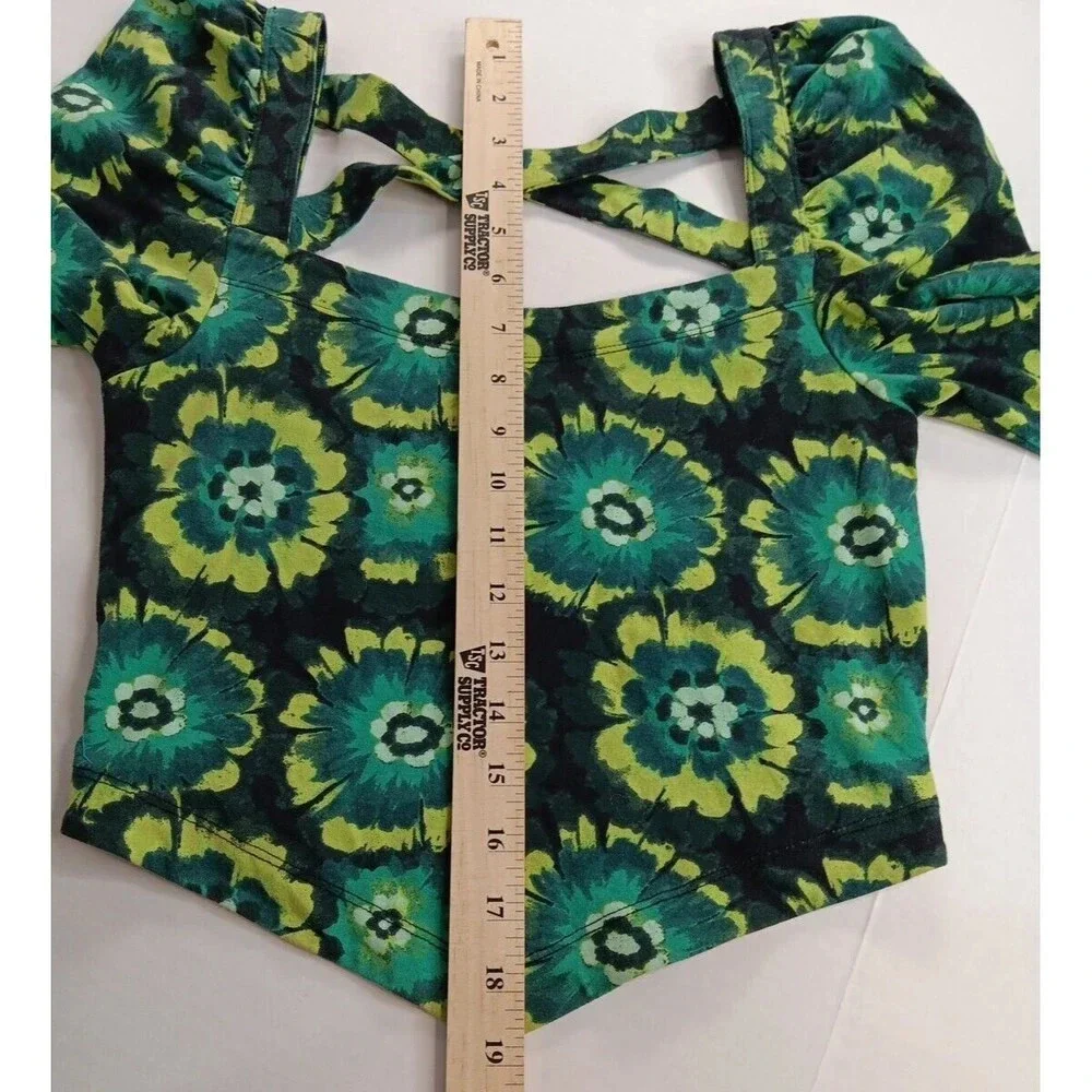 Free People Retro Hippie Green Square Neck Puff Sleeve Bandana Original! Small‎